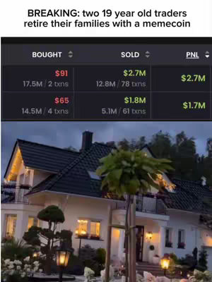 The cover image showcases a luxurious house at night, with its exterior lights illuminating the surroundings. The image has a text overlay providing context about memecoin and traders.
