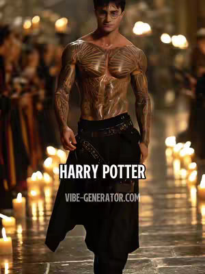 The image presents a digitally altered depiction featuring a shirtless man, likely representing Harry Potter, due to the presence of Harry Potter text overlaid on the image.. He is wearing black pants and stands in a softly lit, candlelit, somewhat blurry background. The man has a muscular physique and numerous tattoos. The overlaid text reads 'HARRY POTTER' in a bold font, along with the website 'VIBE-GENERATOR.COM'.