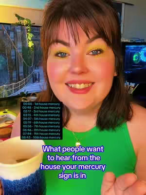 A woman with brown hair and makeup is smiling into the camera, holding a mug with blue details. Text overlays are present, including a list and the hook message.