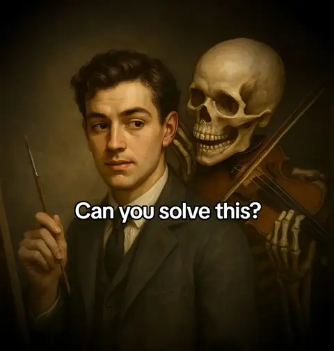 An artistic image featuring a man in a dark suit with a thoughtful expression looking to the side, with what appears to be a skeleton with a violin behind him, suggesting a musical theme. Overlay text "Can you solve this?"