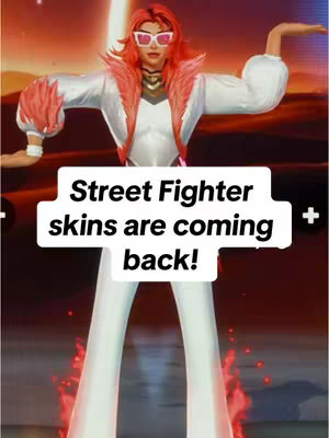 A stylized digital image with a woman wearing a white jumpsuit, large sunglasses, and bright red hair. The background is a blurred gradient of orange and red hues, suggesting a sunset or fiery environment. Text overlayed in a white rectangular box reads, 'Street Fighter skins are coming back!'