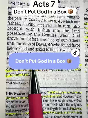 The cover image shows a close-up of a Bible page featuring text from Acts 7. A highlighted section draws immediate attention with yellow marker. Overlayed is a blue rounded rectangle box containing the text "Don't Put God In a Box" along with a box emoji and a TikTok logo.