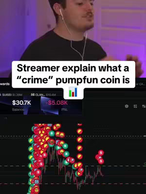 A man is recording a video, which displays a crypto trading interface with a chart of a memecoin's price and indicators alongside the man. Text overlay above the display labels that the crypto is "crime" crypto.