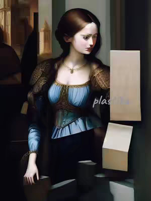 An AI-generated image of a woman dressed in a period costume, standing beside a modern object that is semi-transparent and a sign of the modern era. The woman has dark hair and is looking down, the background has a blurry effect, the setting seems to be in a baroque frame.