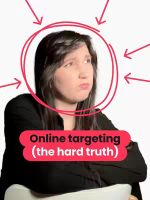 A woman with dark hair is in the center, facing a bit to her left with a thoughtful expression. Her face is framed by a red circle, with red arrows pointing towards her head from various directions. Below her is a red rectangle with white text 
Online targeting (the hard truth)
.