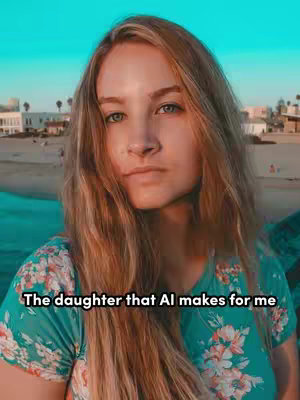 A woman with long, light-brown hair looks toward the camera against a background of a coastal beach scene. She wears a teal floral top.