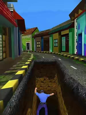 An action-packed scene captures a street chase game. A character dives headfirst into an open sewer. Above, a vibrant street scene displays colorful buildings and roads, creating depth.