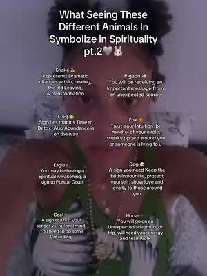 The cover image is a vertical selfie-style shot with the creator centered in the frame, surrounded by text about animal symbolism in spirituality. The background is blurred, likely the surroundings of the creator. The color palette is muted, with the creator wearing a green top.