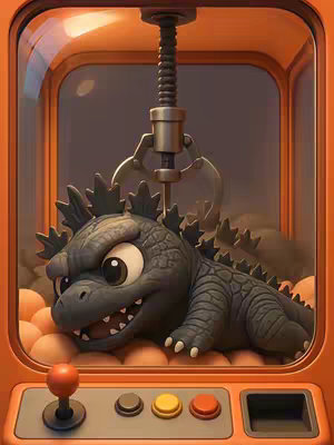 The image features a stylized claw machine with a Godzilla design inside. The machine is primarily orange, with a clear front revealing the interior. Inside, a plush Godzilla toy with a detailed, textured gray body and large expressive eyes is situated amidst a pile of tan-colored plush balls. A metallic claw hangs above the toy, ready to grasp it. At the bottom, a control panel with buttons and a joystick is visible. The overall composition is playful and appealing.