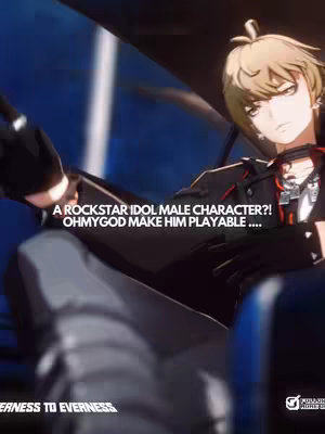 A digital illustration featuring a young man with short, tousled, blond hair and dark eyes, dressed in a black outfit, appearing to be in a vehicle with a dark blue background. Text overlays in a white font ask if the character is a ‘ROCKSTAR IDOL’ and if they are ready to be playable. The image is composed of a diagonal composition.