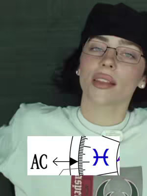 The image shows a person in a relaxed pose, wearing a black beanie, glasses, and a light-colored patterned shirt. There is a graphic overlay in the foreground featuring a scale and zodiac symbol, and the letters 'AC'. The background appears to be a dimly lit setting.