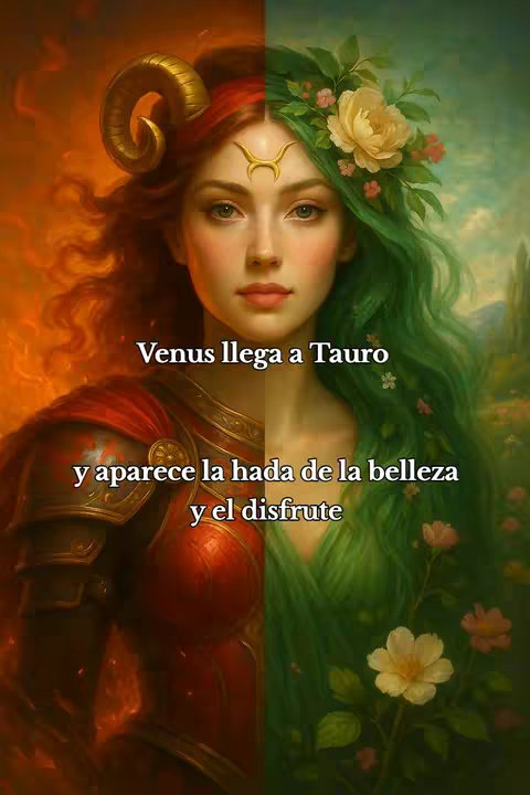 A split image featuring a woman's face, one side adorned with red and gold, suggesting fire and Aries, while the other side is green, representing nature and potentially Taurus. Text overlays add astrological context.