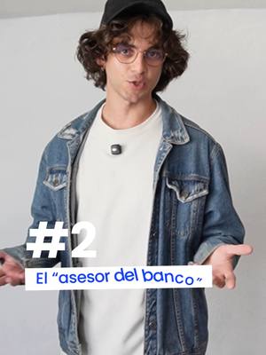 A young man with curly brown hair and glasses is the primary focus. He is wearing a black cap, a white t-shirt, and a denim jacket. Below the man, there is a white rectangular background with the number "2" and the text: "EL "asesor del banco". The overall composition is well-lit, with a clean aesthetic, the man is standing inside, and the background is simple and plain.