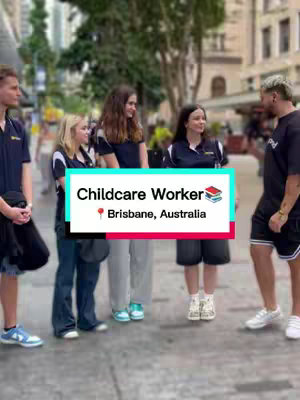 A street scene featuring a man interviewing four young adults on a sidewalk. A graphic overlay identifies the topic as 'Childcare Worker' with the location 'Brisbane, Australia'. The image is well-lit, with natural daylight illuminating the subjects and the background of buildings and greenery.