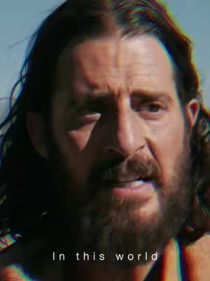 The cover image is a close-up shot of a man. The top part of the image shows a slightly blurred background of a blue sky. The man looks to be in his late 30s or early 40s, with a beard and long hair. He has a serious expression, looking downwards with a slight squint. The lighting appears natural, perhaps outdoors, with shadows on his face defining his features. At the bottom, the white text overlay 'In this world' is visible.