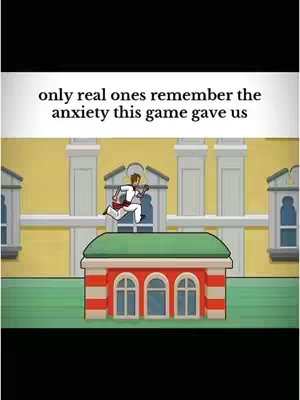 The image shows a cartoon still from what appears to be a game. The background is a building facade with a light yellow color. A figure of a man in white clothes, with a red sash and brown hair, is running on the roof of a building. He is jumping over a red and green building. Above the central figure are the words: "only real ones remember the anxiety this game gave us".