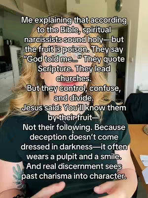 The cover image is a selfie-style shot of a woman from the chest up. She has blonde hair and appears to be in an indoor setting with a plain background. Text overlays are superimposed on the image, communicating a message related to spirituality and discernment.
