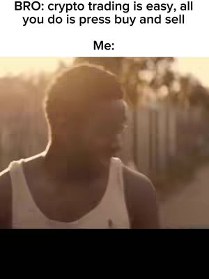 The cover image is a screenshot from a video featuring a person looking away, seemingly in thought or contemplation. The person, lit by warm sunlight, is wearing a white tank top. Above the person, the text is arranged in a meme-like format, contrasting the person's contemplative expression with the perceived ease of crypto trading.