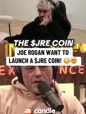 The cover image is a vertical split view showing two different shots of Joe Rogan. The top half features a younger-looking man with blonde, slightly curly hair and a contemplative expression, resting his head on his hand. He is wearing a black hoodie and headphones. The bottom half shows a more mature Joe Rogan speaking into a microphone, wearing a beige hoodie. A text overlay in a rectangular banner spans the image dividing the top from the bottom parts, with details about the topic. The background is a studio setting with lights and a sign.