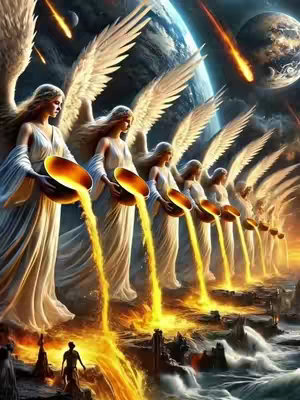 An artistic depiction of the apocalypse, featuring several heavenly figures (likely angels) standing in a row, each pouring liquid from a golden bowl onto a fiery landscape below. The scene is dynamic with falling meteors in the background, a celestial sphere in the top right, and a lone figure in the foreground. The color scheme is vibrant, with shades of gold, orange, and white dominating, contrasted by the blue sky and the dark fiery ground.