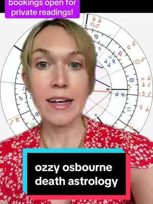 A woman with blonde hair is centered in the frame, speaking. She's wearing a red floral top and a gold necklace. Behind her is a large circular astrology chart. At the bottom of the frame, a black rectangle with white text reads "ozzy osbourne death astrology". Above her head, in a banner, it reads: "bookings open for private readings!"
