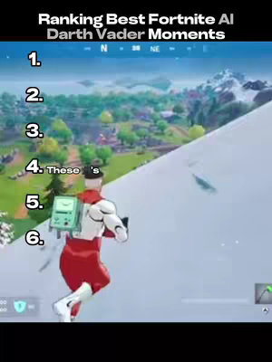 A video game screenshot showing a character from the third-person perspective, with a ranked list of moments overlaid at the top. The character is wearing a red and white outfit. The background is a snowy environment with hints of trees and a light blue sky.