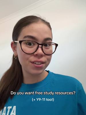 A young woman with glasses is centered in the frame. The image is well-lit, with the woman gazing off to the side and speaking. The background is a plain, light-colored wall, putting focus on her appearance. She wears a blue shirt with a logo. Text on the image poses a question about requesting study resources. The overall feel is informal and engaging. 