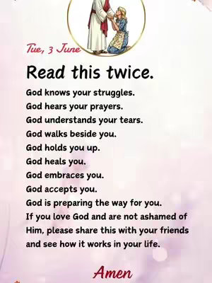 The image shows a religious graphic with text in a script font. At the top is an illustration of Jesus extending his hand to a kneeling figure. The text is a prayer with a message of faith and hope, written in a clear layout making it easily readable. The color scheme is soft, with shades of white and pastel hues.