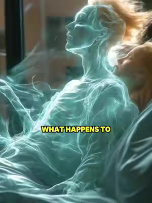 An AI-generated digital artwork featuring a glowing, ethereal figure rising from a bed. The figure is translucent, with a spectral, blue-green hue, suggesting a soul or spirit. The background shows a blurred room setting. Text overlaid at the bottom of the image says 'WHAT HAPPENS TO'.