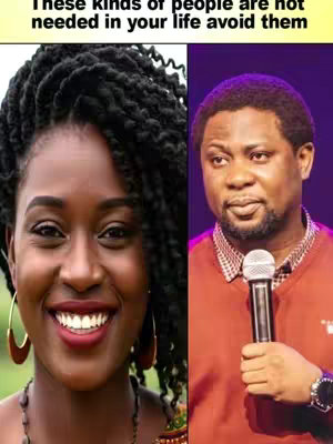 The image is split in two halves, the left side features a close-up of a smiling black woman with beaded braids and large gold earrings, while the right side showcases a man in a red sweater holding a microphone, set against a purple background.