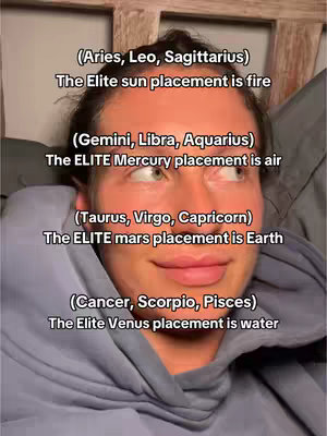 A man in a gray hoodie is centered, with text about astrology overlayed on his face.