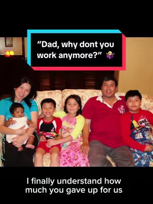 The video cover image is a photograph of a family, including two parents and several children, seated together on a sofa. The adults are on the sides of the frame, while the children are in the middle. In the foreground, text overlaid shows the question, "Dad, why don't you work anymore?"