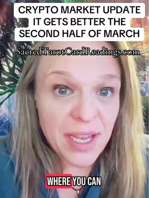 A woman with long blonde hair, looking directly at the camera and talking. Overlay text at the top details "Crypto Market Update," and "It Gets Better The Second Half of March". Text at the bottom reads "Where you can", with a website address beneath the text.
