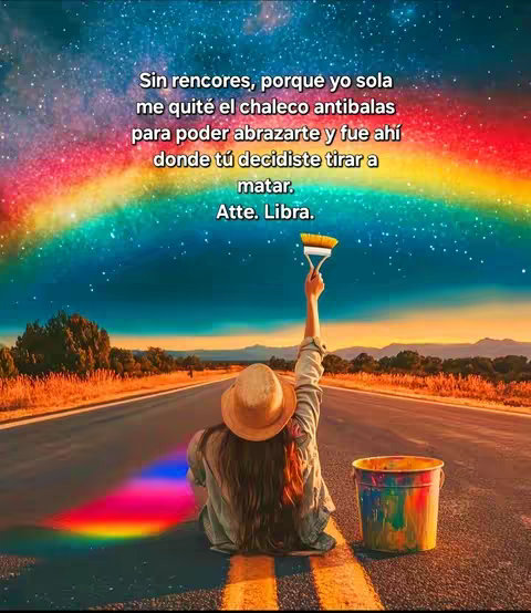 A woman wearing a hat sits on a road with a colorful, rainbow-like painting emanating from her hand holding a paintbrush. The background has a night sky filled with stars and a road heading into the distance with trees on either side of the road. There is a paint bucket near the woman.