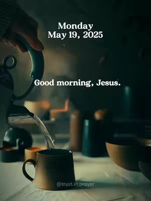 A low-angle shot shows a hand pouring water from a silver vessel into a brown mug. The mug sits on a white surface, with blurred background objects. Text overlays include the date and a religious greeting. The scene has a warm, inviting feel with soft lighting.