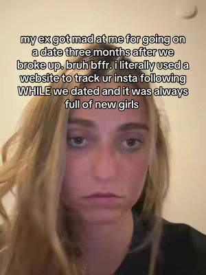 A selfie-style shot with a woman's face as the focal point, against a blurred background. The woman has blonde hair, a serious expression, and is looking directly at the camera. Overlaid text provides context, details of a relationship, and drama, overlayed creating a storytelling aspect.