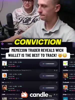 The cover image shows two men in a room with a monitor displaying a cryptocurrency wallet interface. Text overlays identify the video's focus: a memecoin trader revealing the best wallet. The layout is composed of a screen recording with a colorful, dynamic interface, a textual overlay, and the creator's faces. Overall, the image aims to attract viewers who are interested in cryptocurrency trading and wallet tracking.