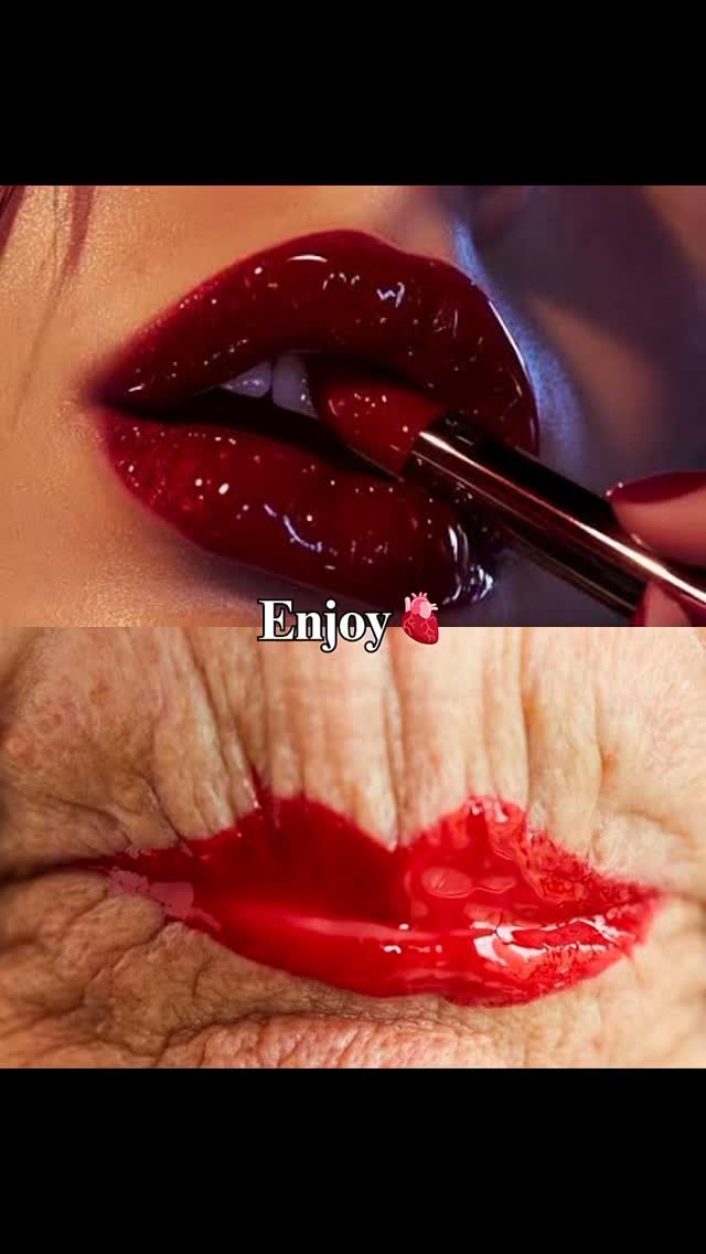 The cover image is split into two sections. The top half displays a close-up of red, glossy lips with a small section of a person’s face visible. A lipstick is held up to the lips. The bottom half shows the lips of an older person covered in red gloss, evoking a sense of beauty and transformation.