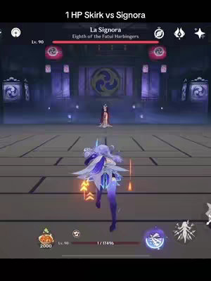 A vertical video game screenshot. A character is running towards an opponent in a grand hall-like environment. The running character is in the foreground with purple and white clothing, while the opponent is in the center of the background, dressed in red. Darker architecture with lanterns and symbols is within background. Text overlays at the top state the game and character information.