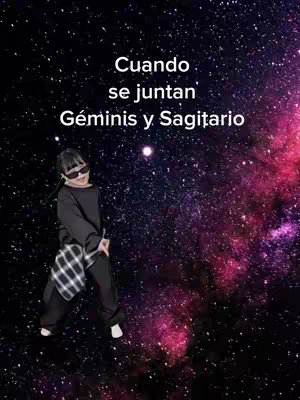 The cover image shows a person in a casual outfit with their hands in a relaxed pose. The background is a dark scene filled with stars and a brightly colored nebula. Text is overlaid at the top, reading 'Cuando se juntan Géminis y Sagitario.'