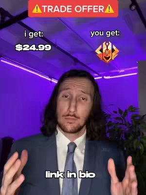 A man with long brown hair and a suit jacket is in front of a neutral background with purple lighting. There is text overlayed on top the creator that says 'TRADE OFFER!' as well as 'I get: $24.99' and 'You get:' with an image of an in-game badge. The overlay also contains the words 'link in bio' at the bottom of creator.