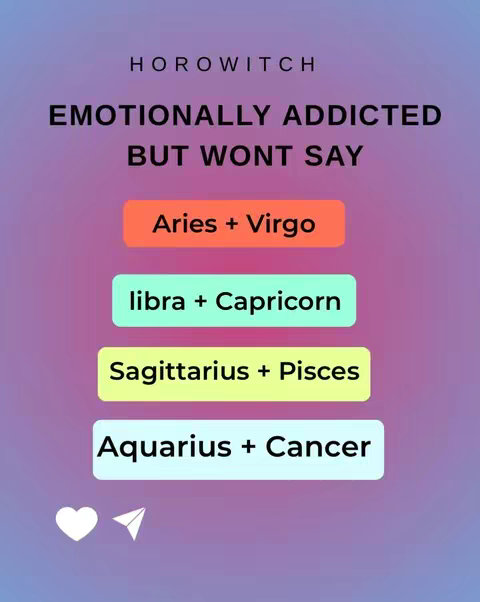 The cover image is a gradient background from dark purple to light pink at the top with text overlays. There are four colored rectangles with text inside, as well as a small heart and a paper airplane. The text at the top says 'HOROWITCH' followed by 'EMOTIONALLY ADDICTED BUT WONT SAY'. The colored rectangles contain the astrology sign pairs: Aries + Virgo, libra + Capricorn, Sagittarius + Pisces, and Aquarius + Cancer.