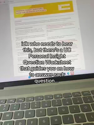 The cover image shows a laptop displaying a document with the text “PERSONAL INSIGHT QUESTIONS GUIDE FOR FRESHMAN APPLICANTS”. Below the document, there is a text overlay. A keyboard is visible in the foreground of the image, the overall composition uses a top-down view