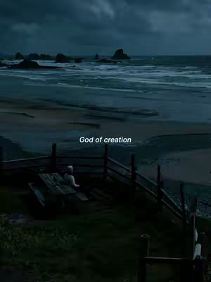 The cover image shows a scenic view of a beach under a cloudy sky. In the foreground, there is a wooden fence and a person. The text overlay reads "God of creation". The color palette is dominated by blues, grays, and muted greens.