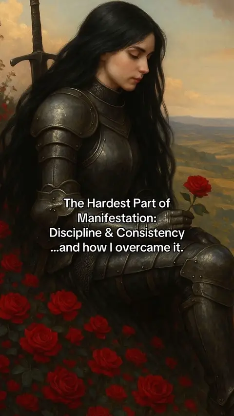 The cover image presents a digitally painted scene of a woman in antique armor set against a natural backdrop. The woman sits with her head bowed, embodying a somber mood. A large sword is placed behind her, and she holds a rose in her hand. She is surrounded by red roses, with a landscape visible in the background, under a partly clouded sky. Text overlays add motivational content.