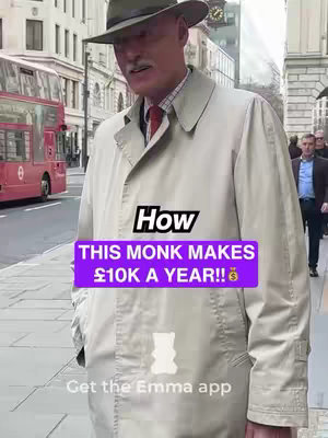 An older man in a tan coat and hat stands on a city street. Text overlays indicate it's financial advice.