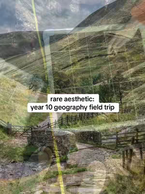 A field trip scene with a path leading to a stone bridge with a rural landscape with hills and a cloudy sky in the background. There is a yellow line overlaying the image.
