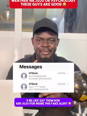 A man in a black cap and shirt smiles at the camera. Overlaid on the lower part of the image is a screenshot of a phone's messaging app, showing two bank alerts labeled with GTBank. Above the man's head, a red banner reads a humorous statement about the subject matter, and below the messages is another banner in purple.