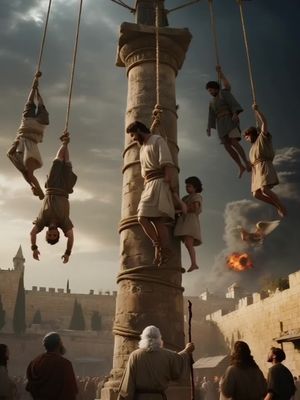 An illustrated scene depicts several figures hanging upside down from ropes tied to a tall stone pillar. The background features a city with stone walls and buildings under a cloudy sky, a few onlookers are at the bottom, a fire.