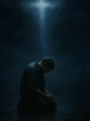 A person kneeling on the ground in prayer, with their head bowed. A light emitting from a cross is above them. The background is dark and a bit hazy with the focus on the person. 